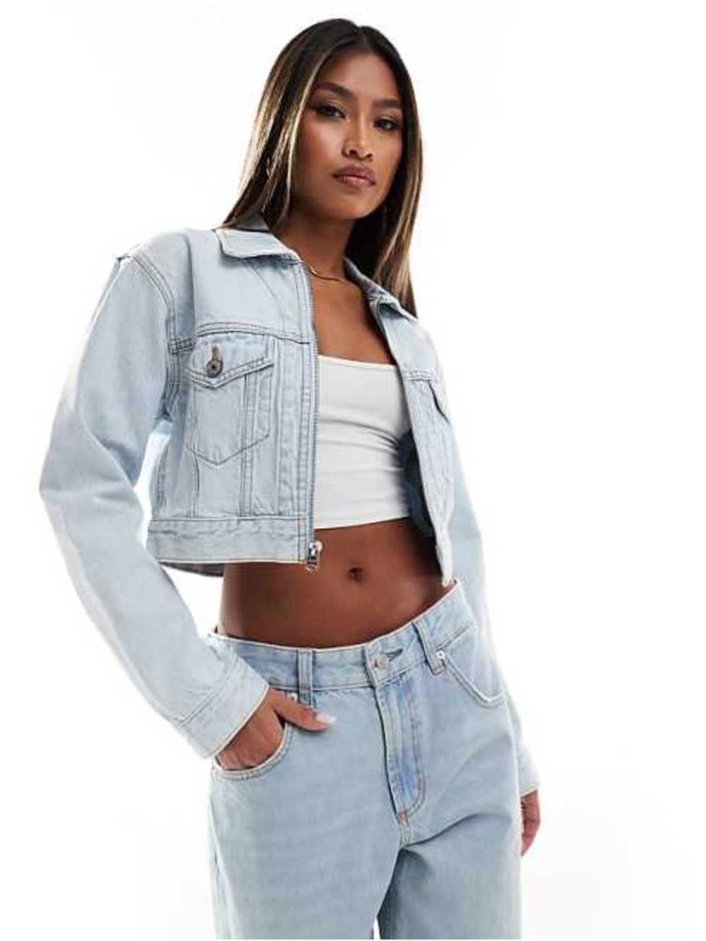 Abercrombie & Fitch Light Blue Cropped Denim Jacket